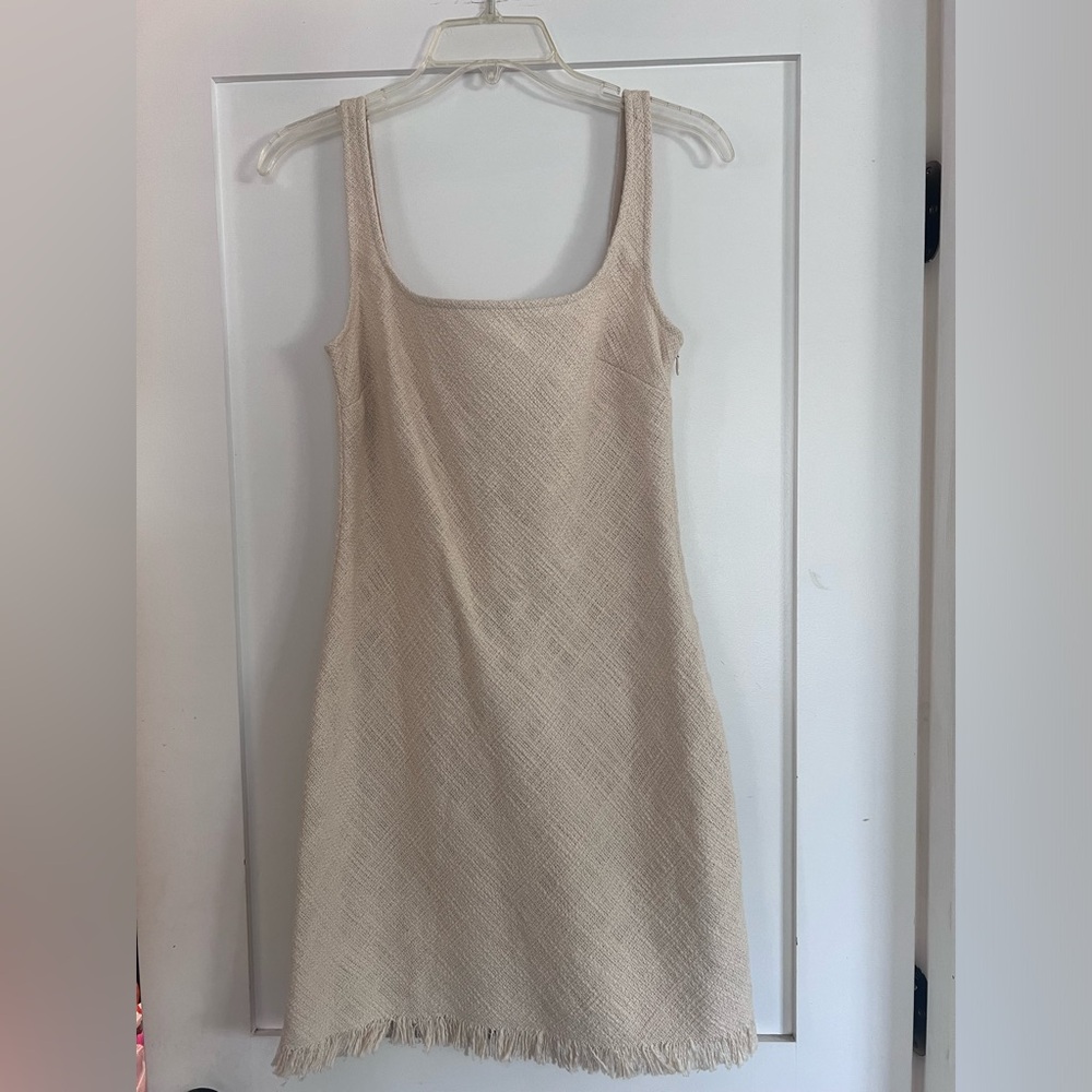 STAUD scoop neck tank dress in natural tweed fabric.